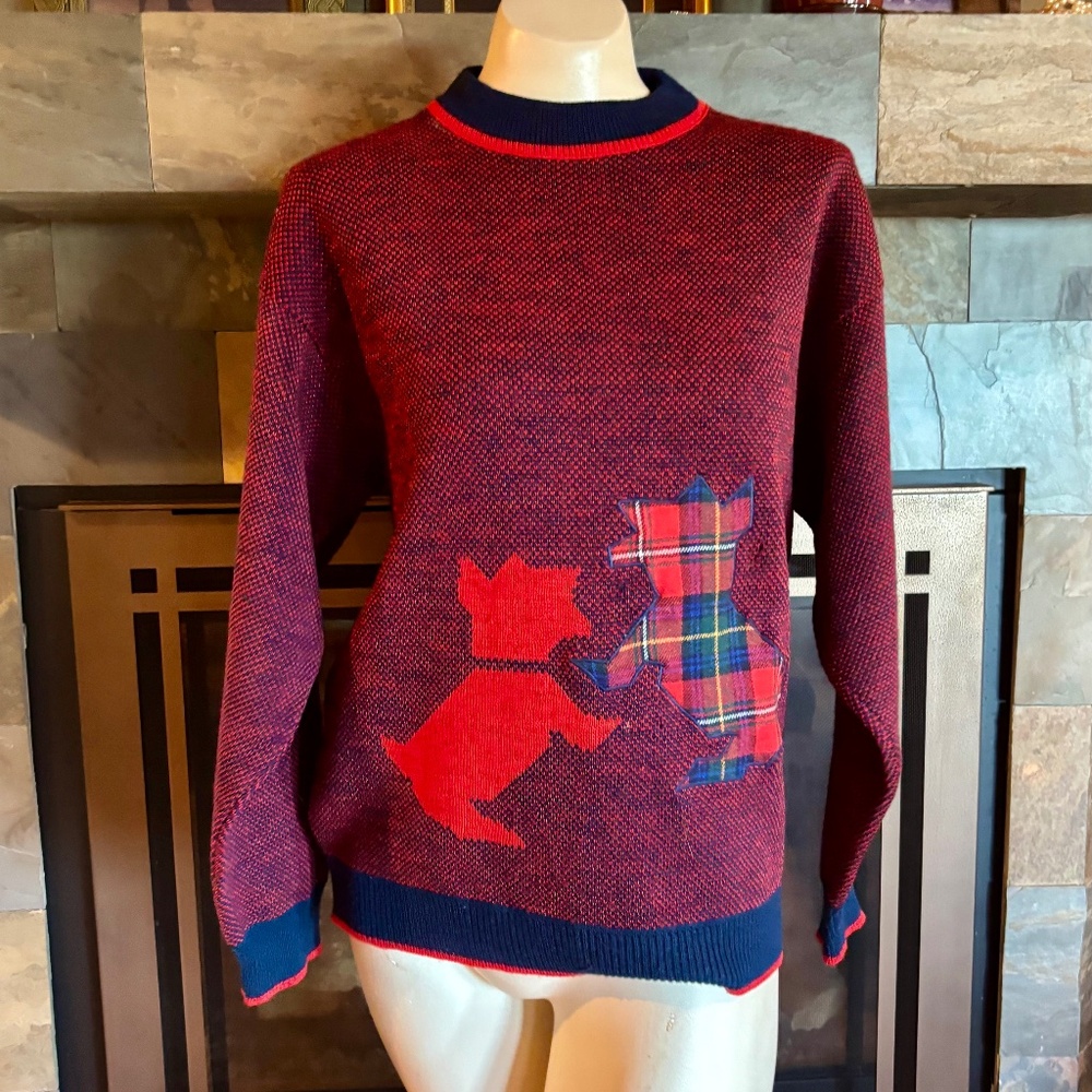 Pendleton Red Navy Wool Novelty Scotty Appliqué Dog Sweater M-L